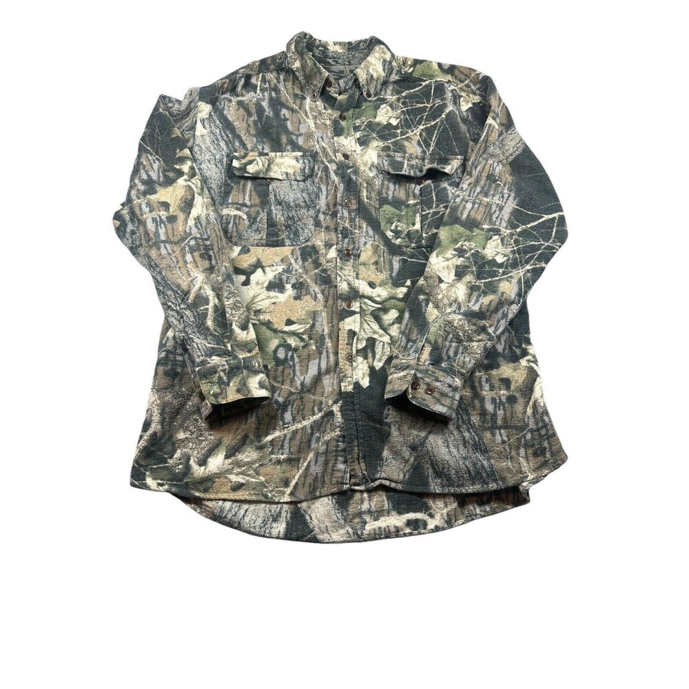 Vintage Ozark Trail‎ Flannel Shirt Mens L Green Camouflage Mossy Oak breakup